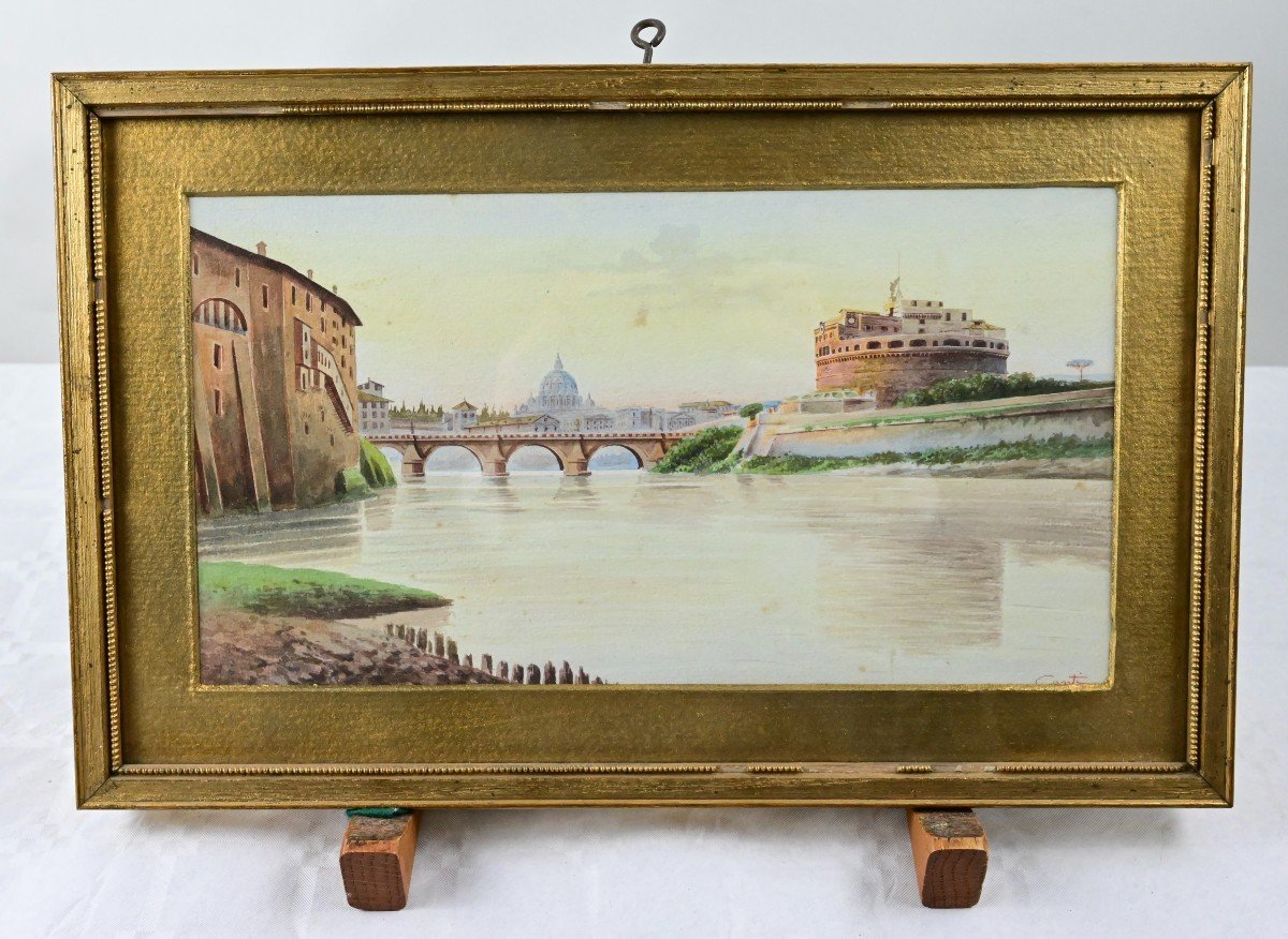 Paesaggio Romano Castel San't Angelo e Fiume Tevere acquerello Firmato Conti, Italia Fine XIX s